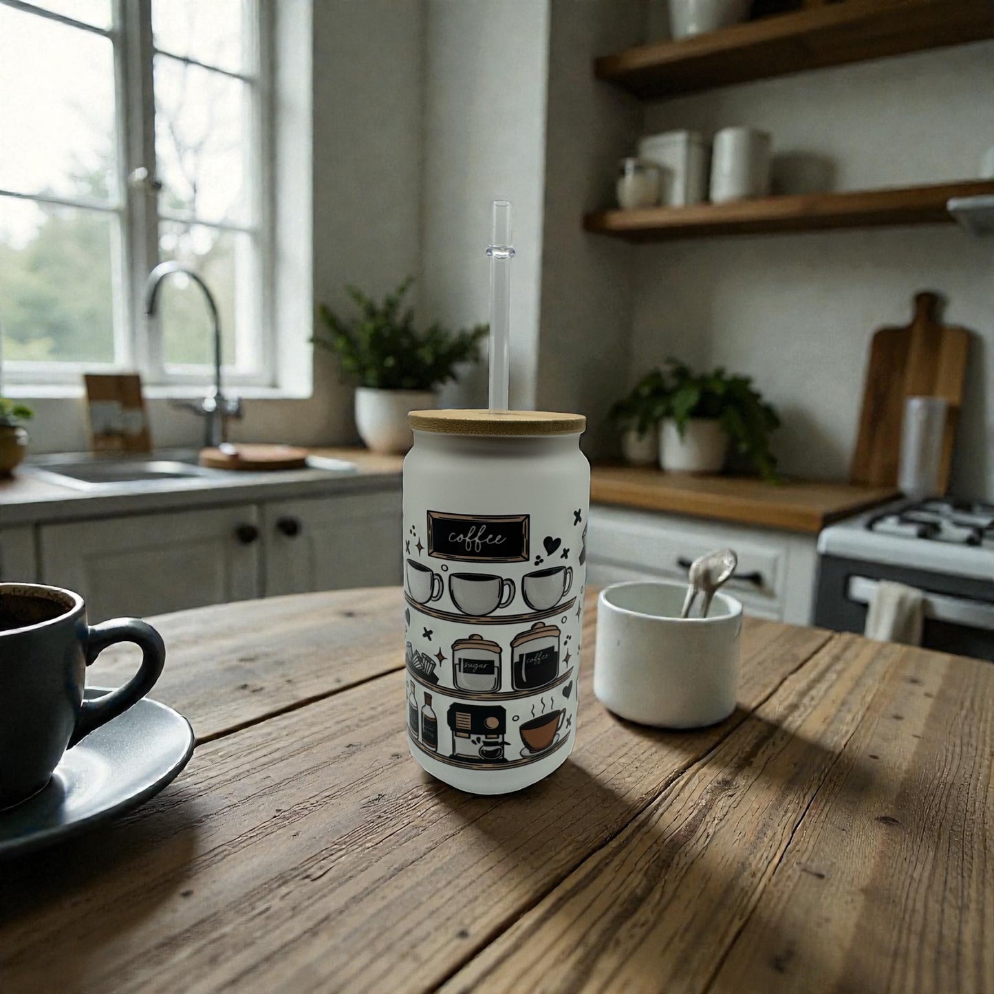 Iced Coffee Cup, Round Glass Tumbler with Coffee and Books