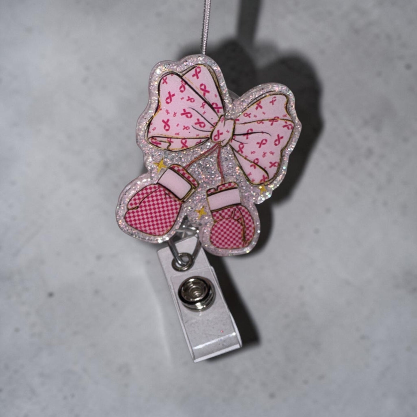Breast Cancer Fighter Pink Gloves Badge Reel| Alligator Clip