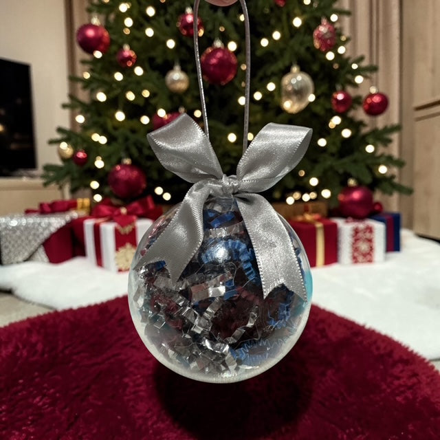 Ornaments Paper Filled • Custom Name Clear Ball • Maroon and Blue