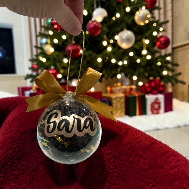 Ornaments Paper Filled • Custom Name Clear Ball • Black and Gold