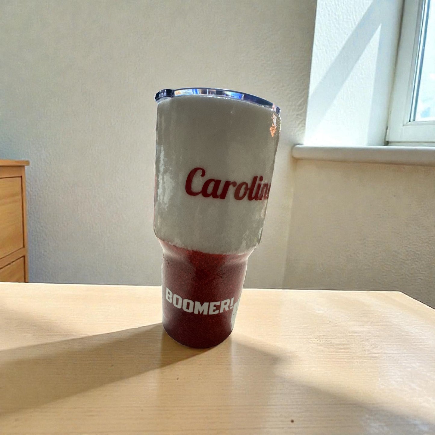 College Oklahoma Mom Custom Personalized Two Tone Glitter Red/White Stainless Steel 30oz Tumbler