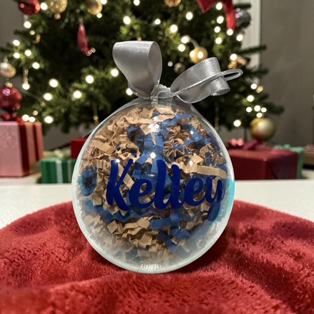 Ornaments Paper Filled • Custom Name Clear Ball • Blue and Tan