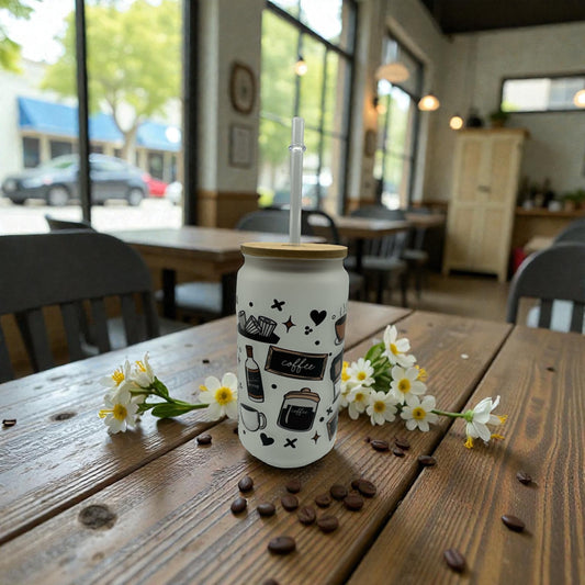 Iced Coffee Cup, Round Glass Tumbler with Coffee and Books
