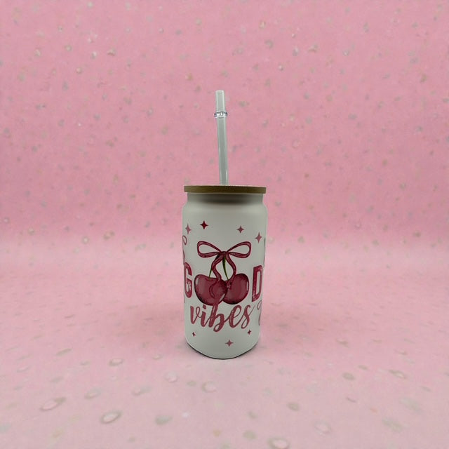 Iced Coffee Cup, Round Glass Tumbler with Good Vibes and Cherries