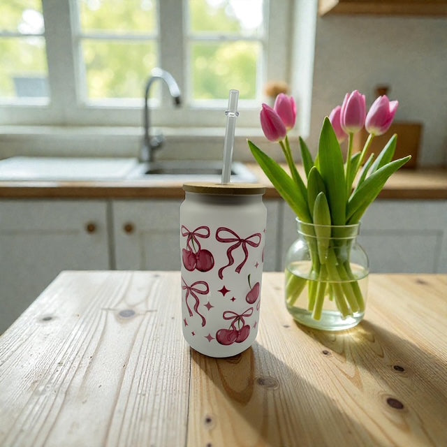 Iced Coffee Cup, Round Glass Tumbler with Good Vibes and Cherries