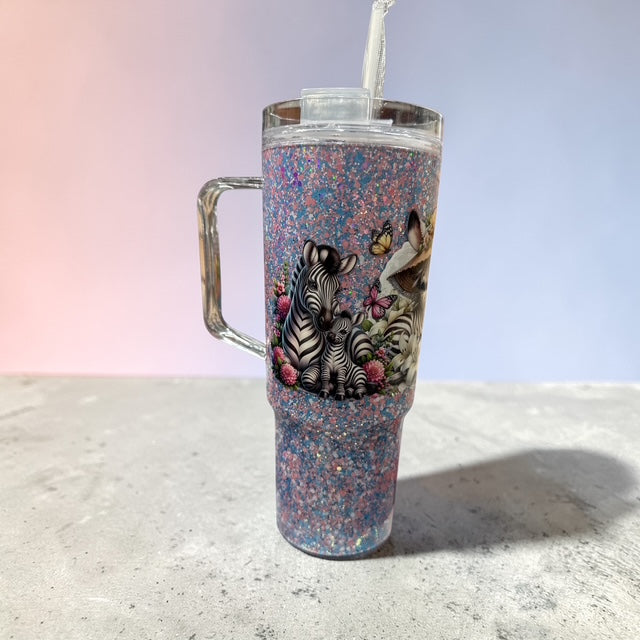 Zebra Family 40 oz Snow globe Cup – Slow Flow Glitter Tumbler with Straw