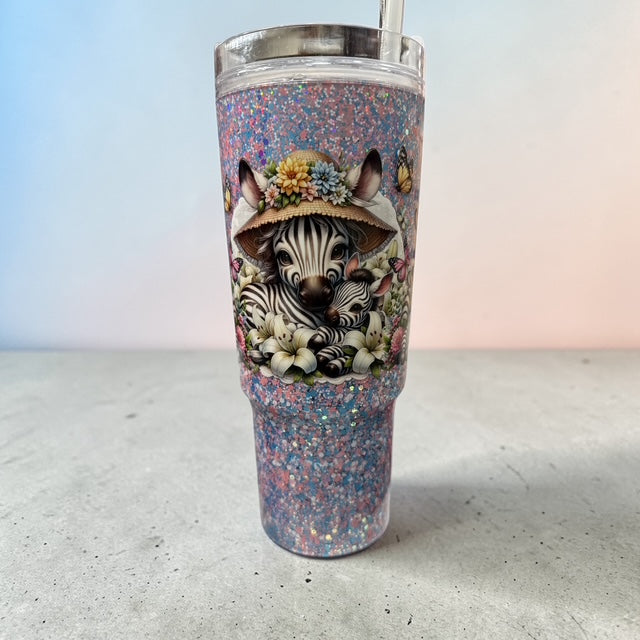 Zebra Family 40 oz Snow globe Cup – Slow Flow Glitter Tumbler with Straw