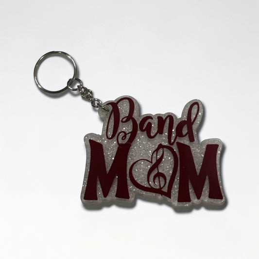 Band Mom Acrylic KEYCHAIN with HEART, Bag Tag - School Colors - Backpack