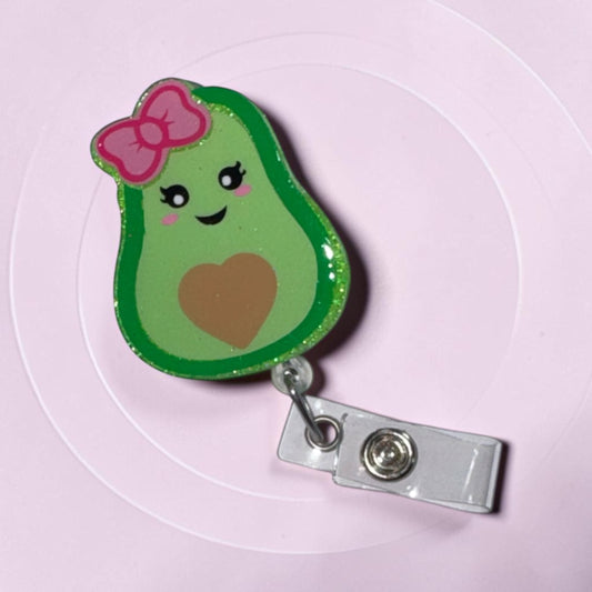 Avocado Badge Reel with Pink Bow – Cute Retractable ID Holder