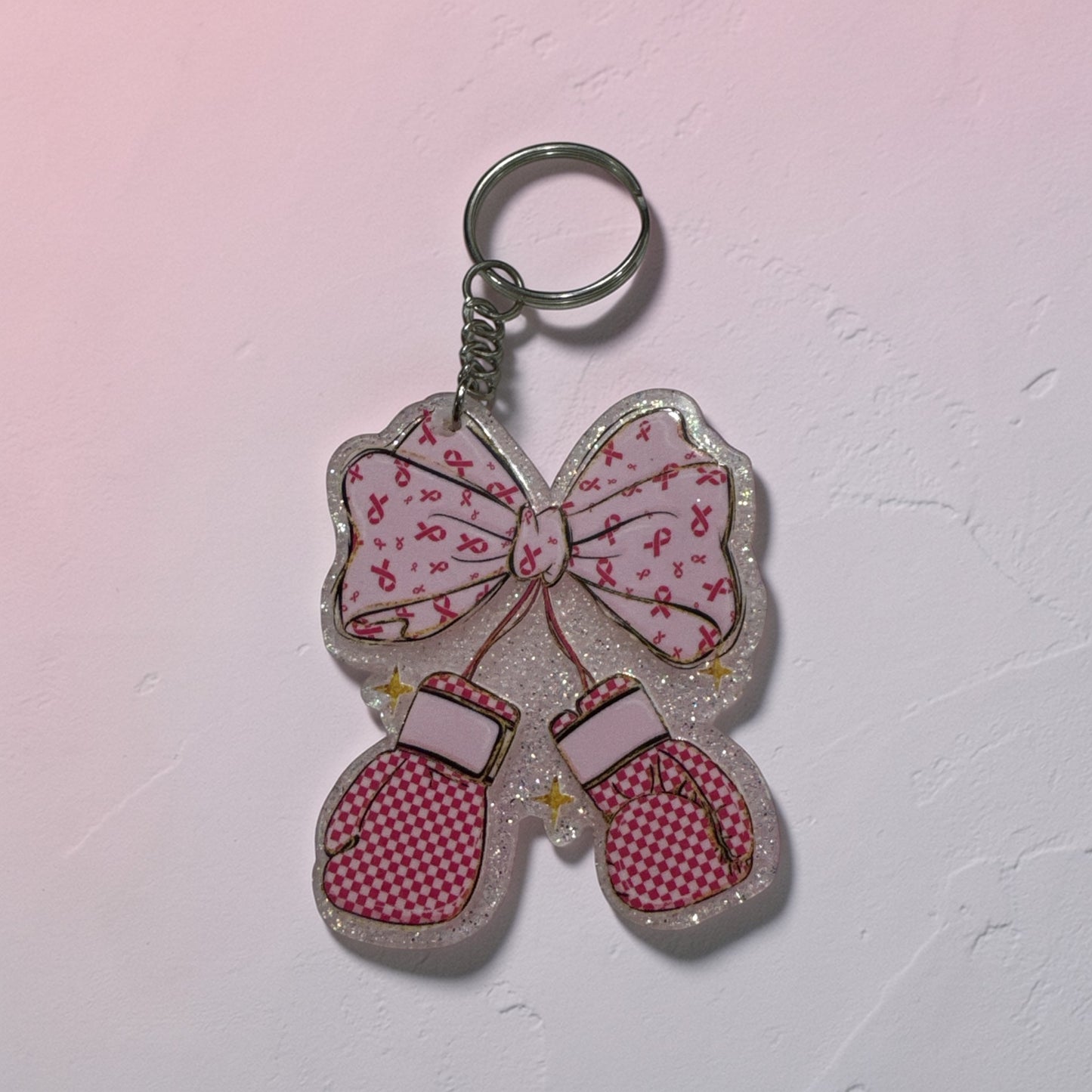 Breast Cancer Ribbon Boxing Gloves Keychain | Pink Ribbon Bow | Cancer Awareness Gift | Survivor Fighter Gift