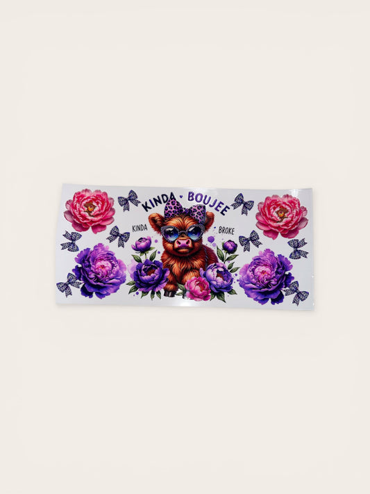 Boujee Highland Cow Cup Wrap with Flowers 16oz UV DTF Transfer #216 for Cups | Cute Decal