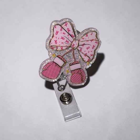 Breast Cancer Fighter Pink Gloves Badge Reel| Alligator Clip