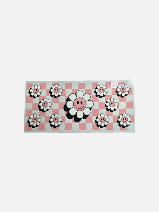 Daisy Flower and Pink Checkers 16oz UV DTF Transfer for Cups #363