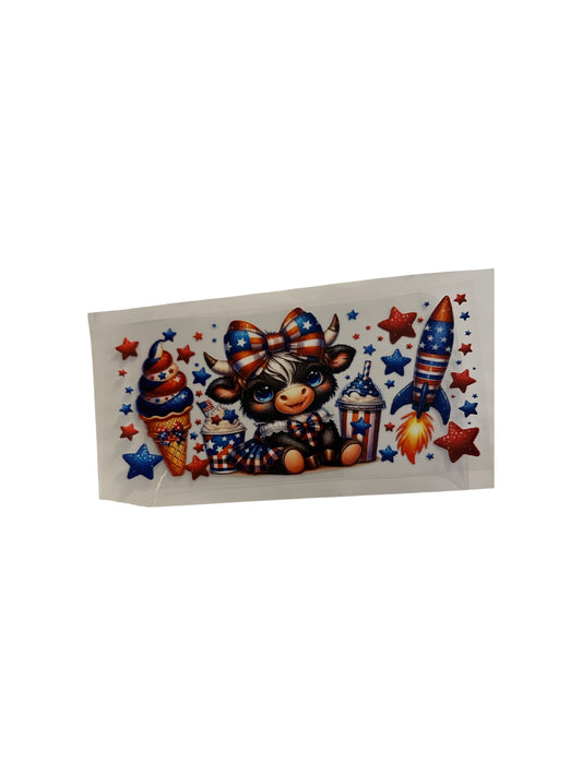 Hyland Cow July Red, White and Blue 16oz UV DTF Cup Wrap Transfer for Cups #481