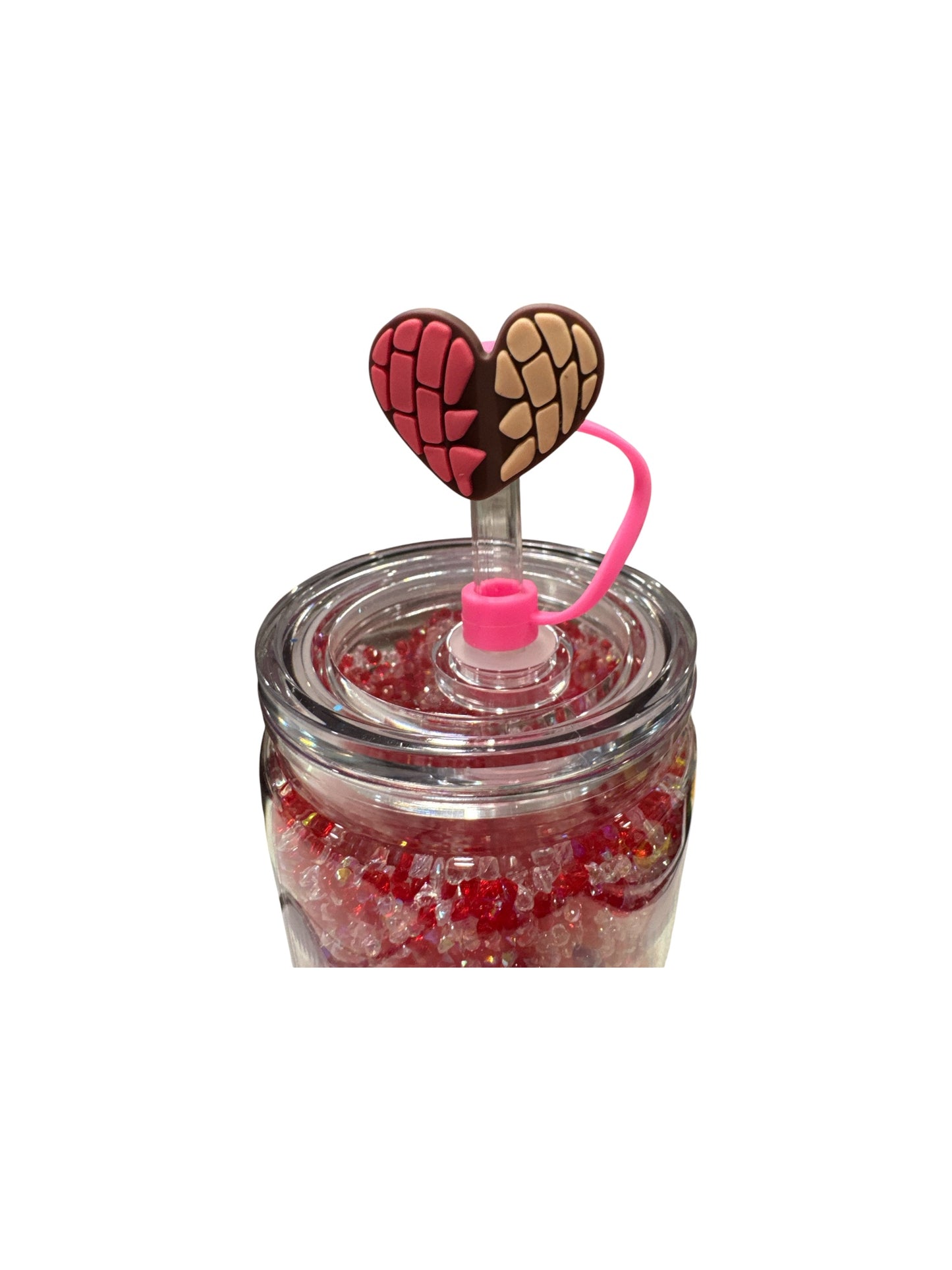 Heart Pink and Brown Concha Bread Straw Topper – Cute Silicone Drink Accessory for Tumblers