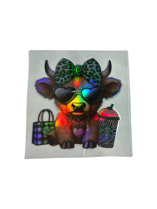 15oz UV DTF Transfer Cow with Coffee Green Holographic Wrap, #662