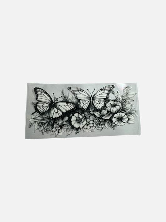 Butterflies Black and White with Flowers UV DTF Decal #684