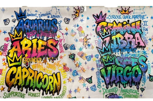 Choose A Zodiac Artistic Graffiti UVDTF Decals| Aquarius| Aries| Cancer| Capricorn| Gemini| Leo| Libra| Pisces| Sagittarius| Scorpio| Taurus| Virgo