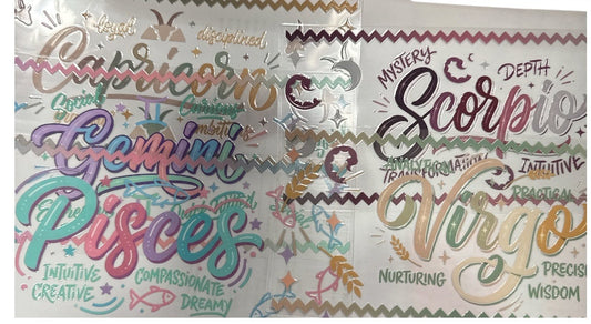 Choose A Zodiac CURSIVE WARM COLORS UVDTF Decals| Aquarius| Aries| Cancer| Capricorn| Gemini| Leo| Libra| Pisces| Sagittarius| Scorpio| Taurus| Virgo