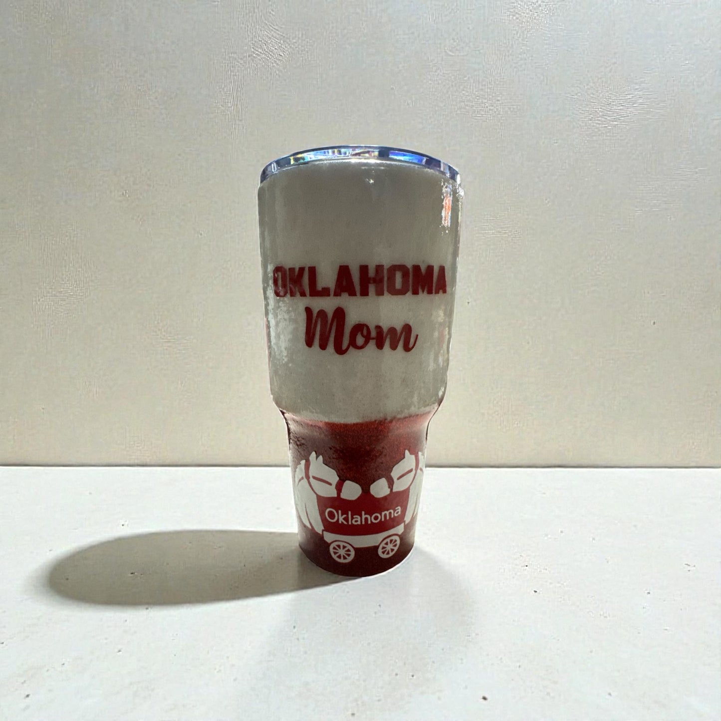 College Oklahoma Mom Custom Personalized Two Tone Glitter Red/White Stainless Steel 30oz Tumbler