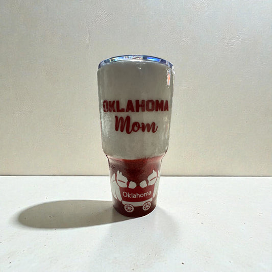 College Oklahoma Mom Custom Personalized Two Tone Glitter Red/White Stainless Steel 30oz Tumbler