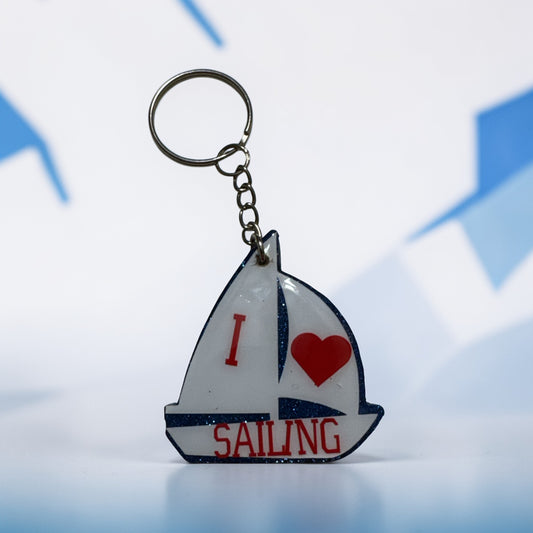 I Heart Sailing Keychain - Glitter Acrylic Sailboat Charm - Custom/Personalized