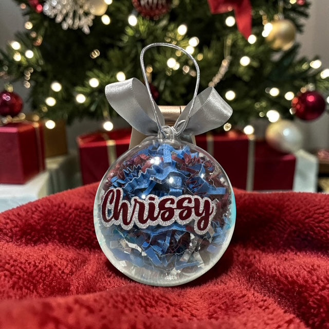 Ornaments Paper Filled • Custom Name Clear Ball • Maroon and Blue