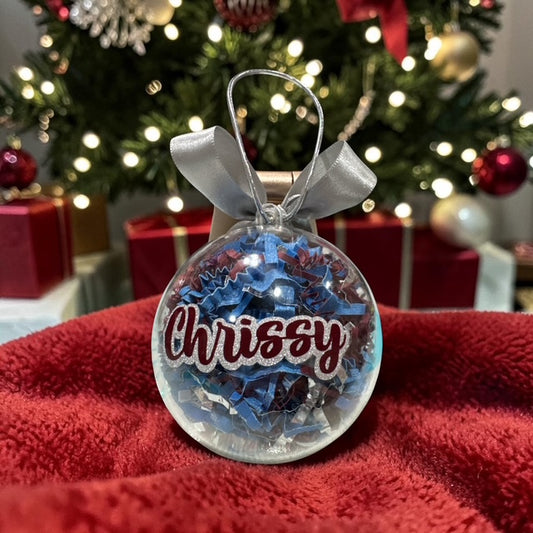 Ornaments Paper Filled • Custom Name Clear Ball • Maroon and Blue