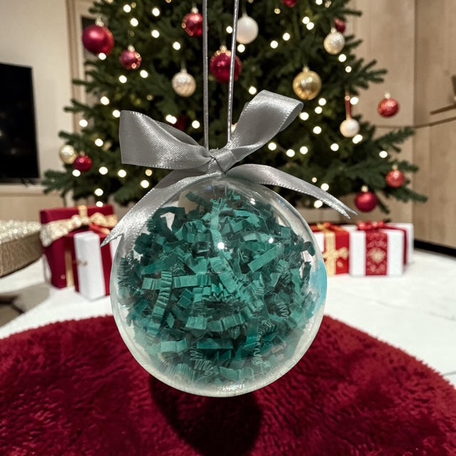 Ornaments Paper Filled • Custom Name Clear Ball • Teal and Silver