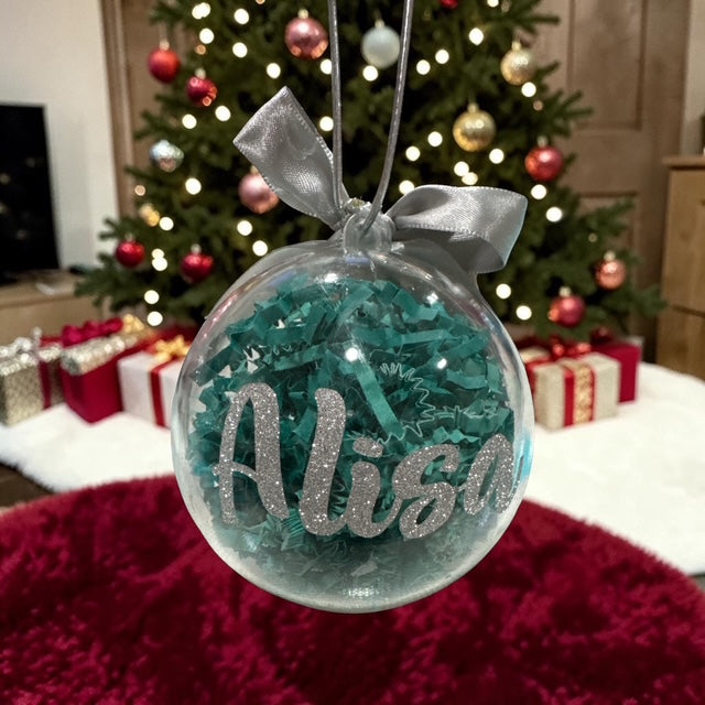 Ornaments Paper Filled • Custom Name Clear Ball • Teal and Silver