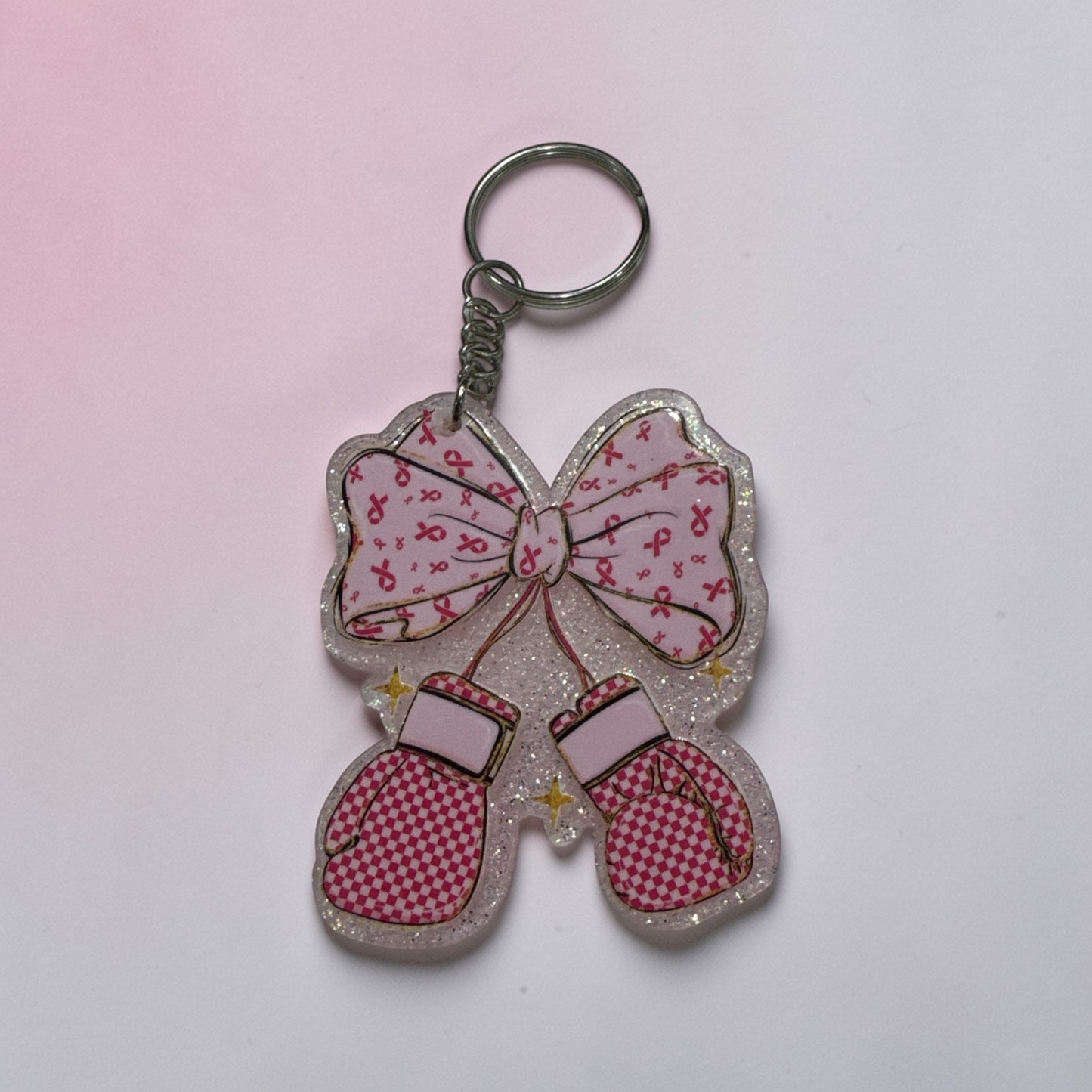 Breast Cancer Ribbon Boxing Gloves Keychain | Pink Ribbon Bow | Cancer Awareness Gift | Survivor Fighter Gift