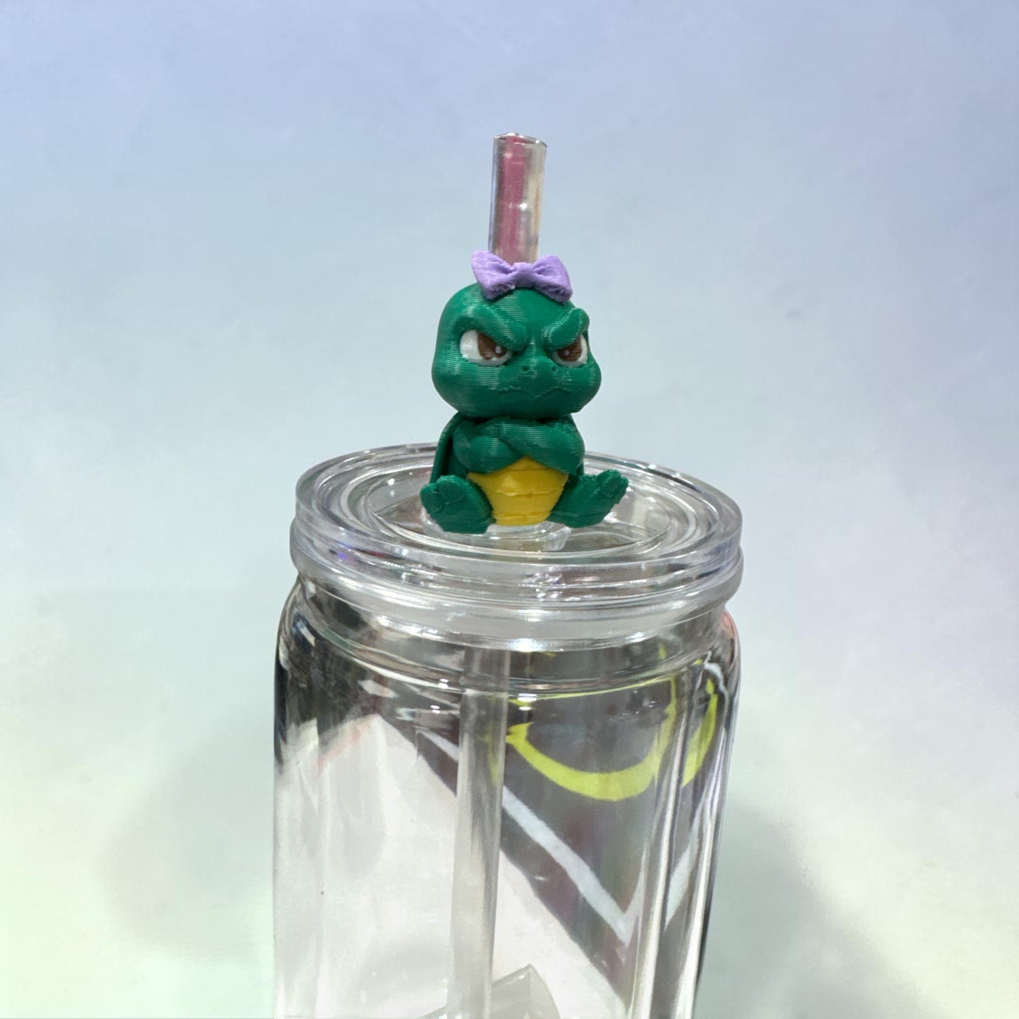 Angry Turtle with Purple Bow Straw Topper – Cute Silicone Drink Accessory for Tumblers