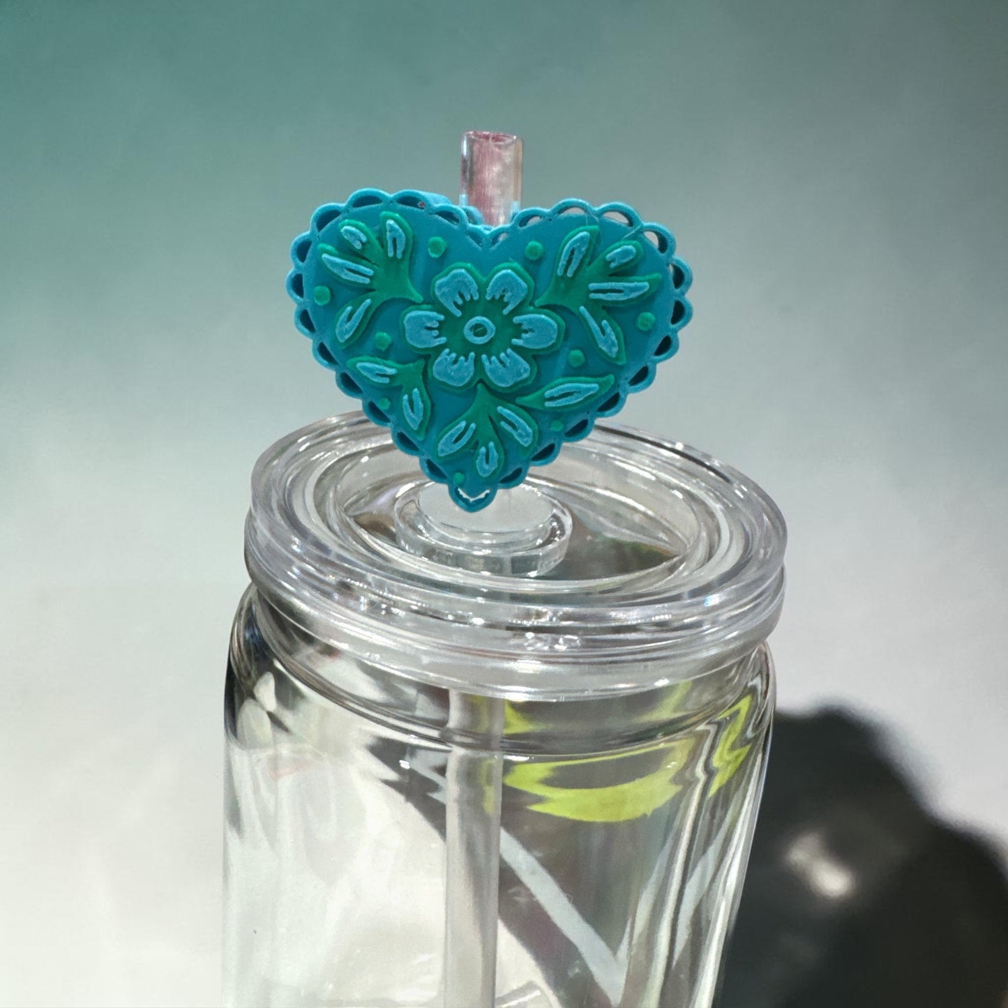 Blue heart with Green Ivy Straw Topper – Cute Silicone Drink Accessory for Tumblers