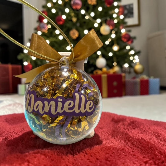 Ornaments Paper Filled • Custom Name Clear Ball • Purple and Gold