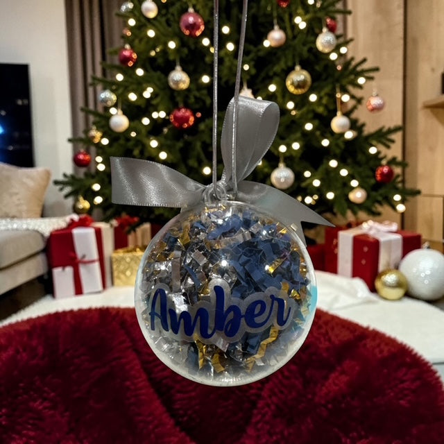 Ornaments Paper Filled • Custom Name Clear Ball • Silver Gold Blue