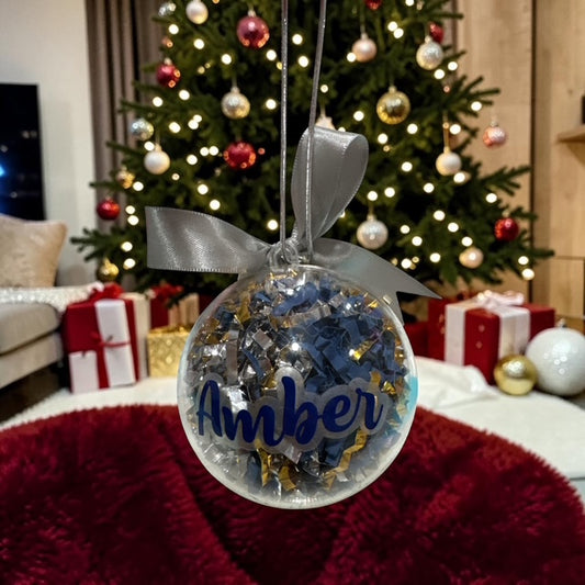 Ornaments Paper Filled • Custom Name Clear Ball • Silver Gold Blue