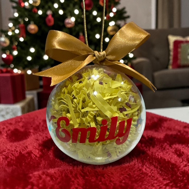 Ornaments Paper Filled • Custom Name Clear Ball • Red and Yellow