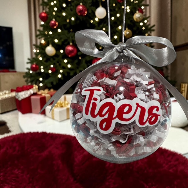 Ornaments Paper Filled • Custom Name Clear Ball • Maroon and White