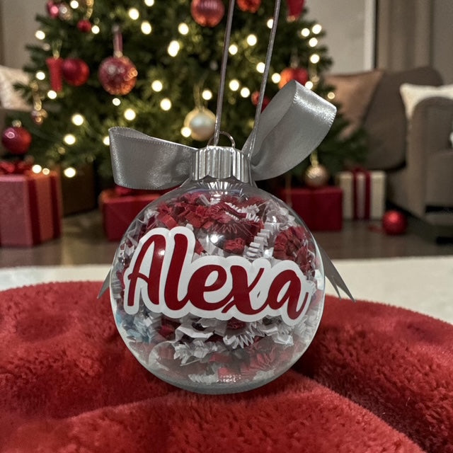 Ornaments Paper Filled • Custom Name Clear Ball • Maroon and White