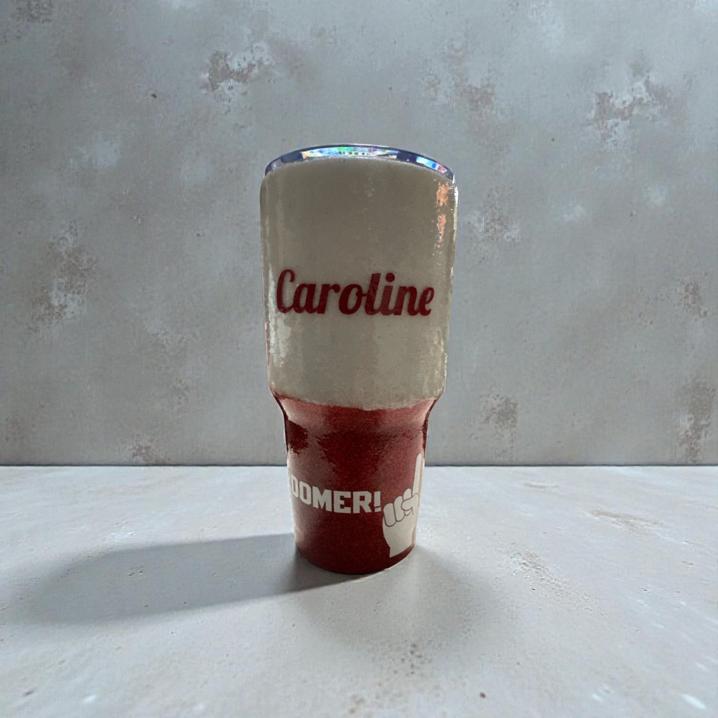 College Oklahoma Mom Custom Personalized Two Tone Glitter Red/White Stainless Steel 30oz Tumbler