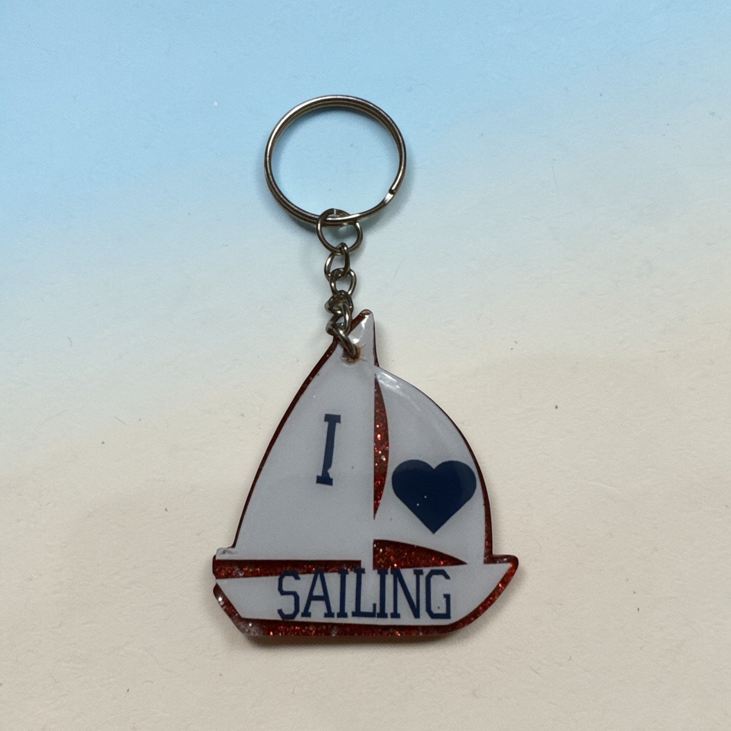 I Heart Sailing Keychain - Glitter Acrylic Sailboat Charm - Custom/Personalized