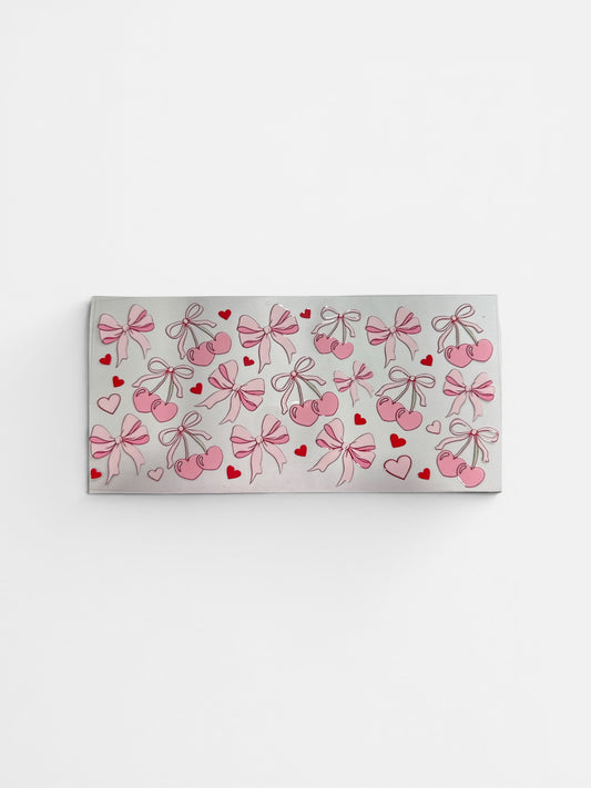Pink Cherries and Pink Bows UV DTF 16oz Cup Wrap, #288 Tumbler Decal