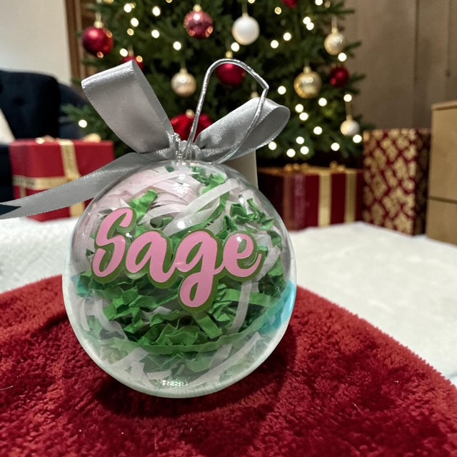 Ornaments Paper Filled • Custom Name Clear Ball • Green and Pink