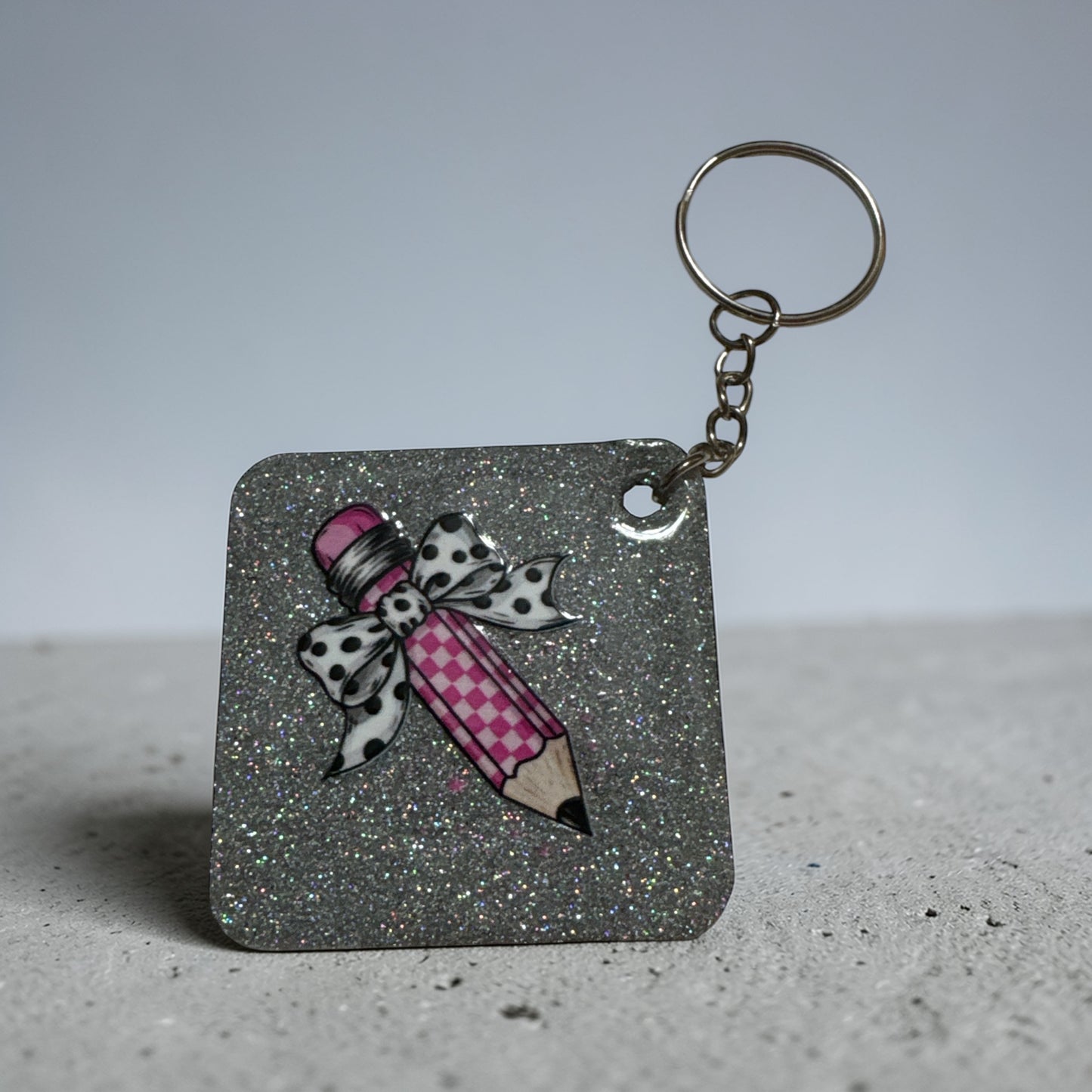 Pencil Bow Design with Personalized Back -Acrylic Glitter Keychain –