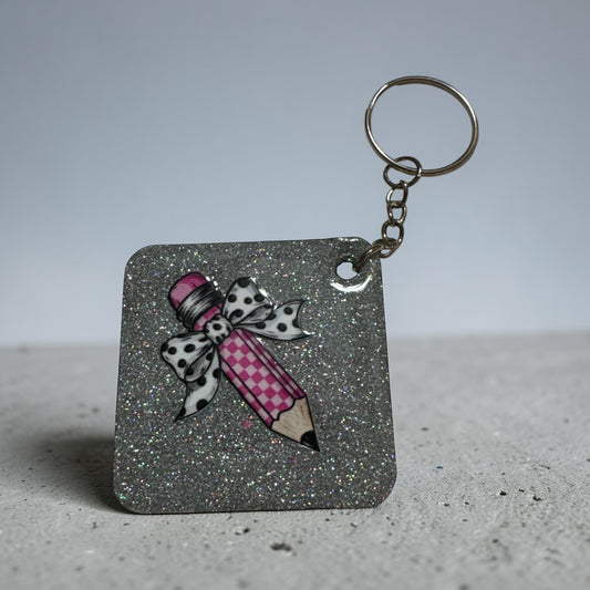 Pencil Bow Design with Personalized Back -Acrylic Glitter Keychain –