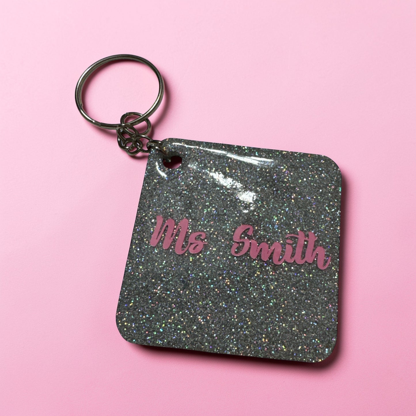 Pencil Bow Design with Personalized Back -Acrylic Glitter Keychain –