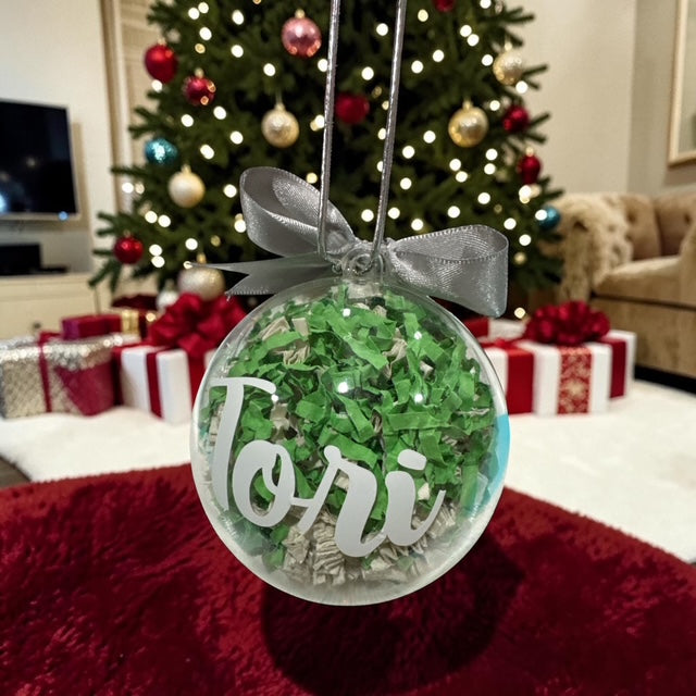 Ornaments Paper Filled • Custom Name Clear Ball • Green and White