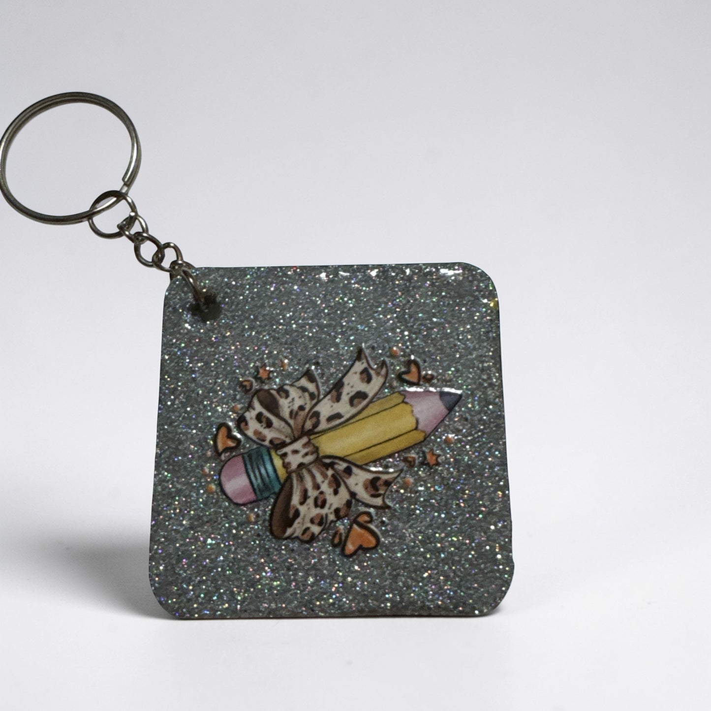 Pencil Bow Design with Personalized Back -Acrylic Glitter Keychain –